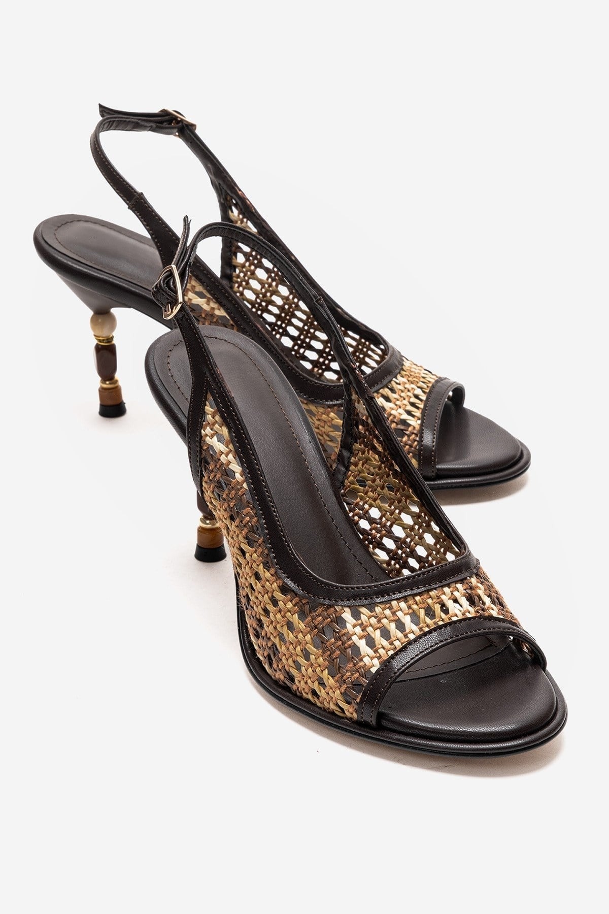 SOVEN Brown Woven Open Toe Women’s Geometric Heel Sandals | FOOTWEAR | Heels | Lebbse