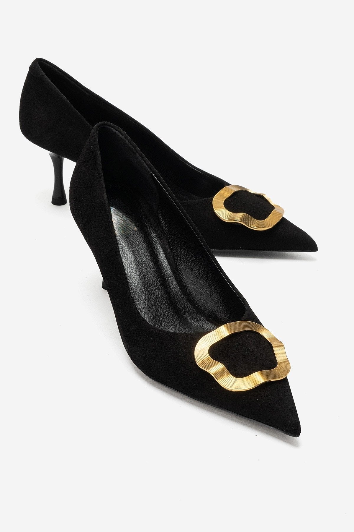NOEMI Black Genuine Suede Leather Buckle Strap Heels – 6 cm