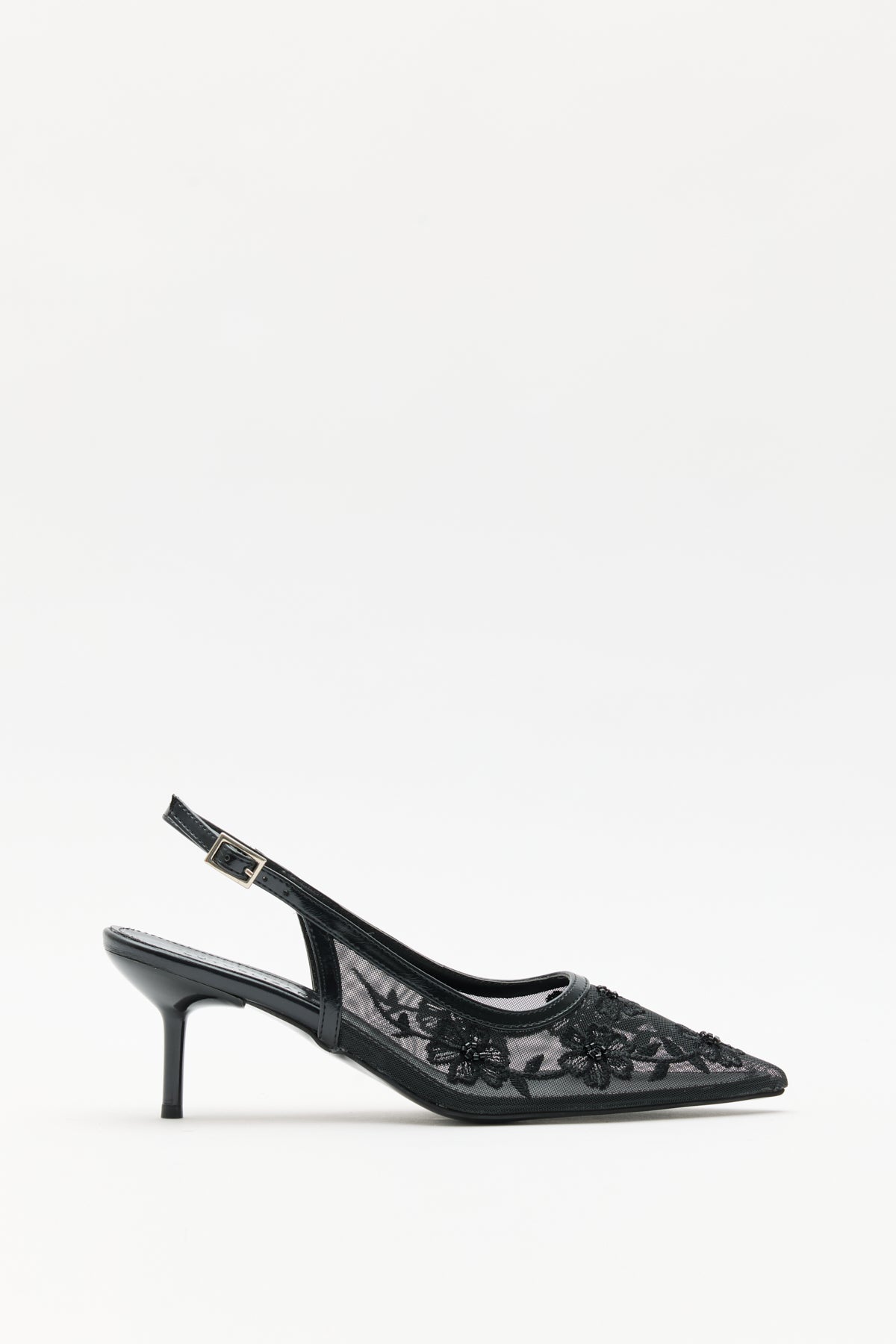 Floral Embroidered Lace Black Women's Heels