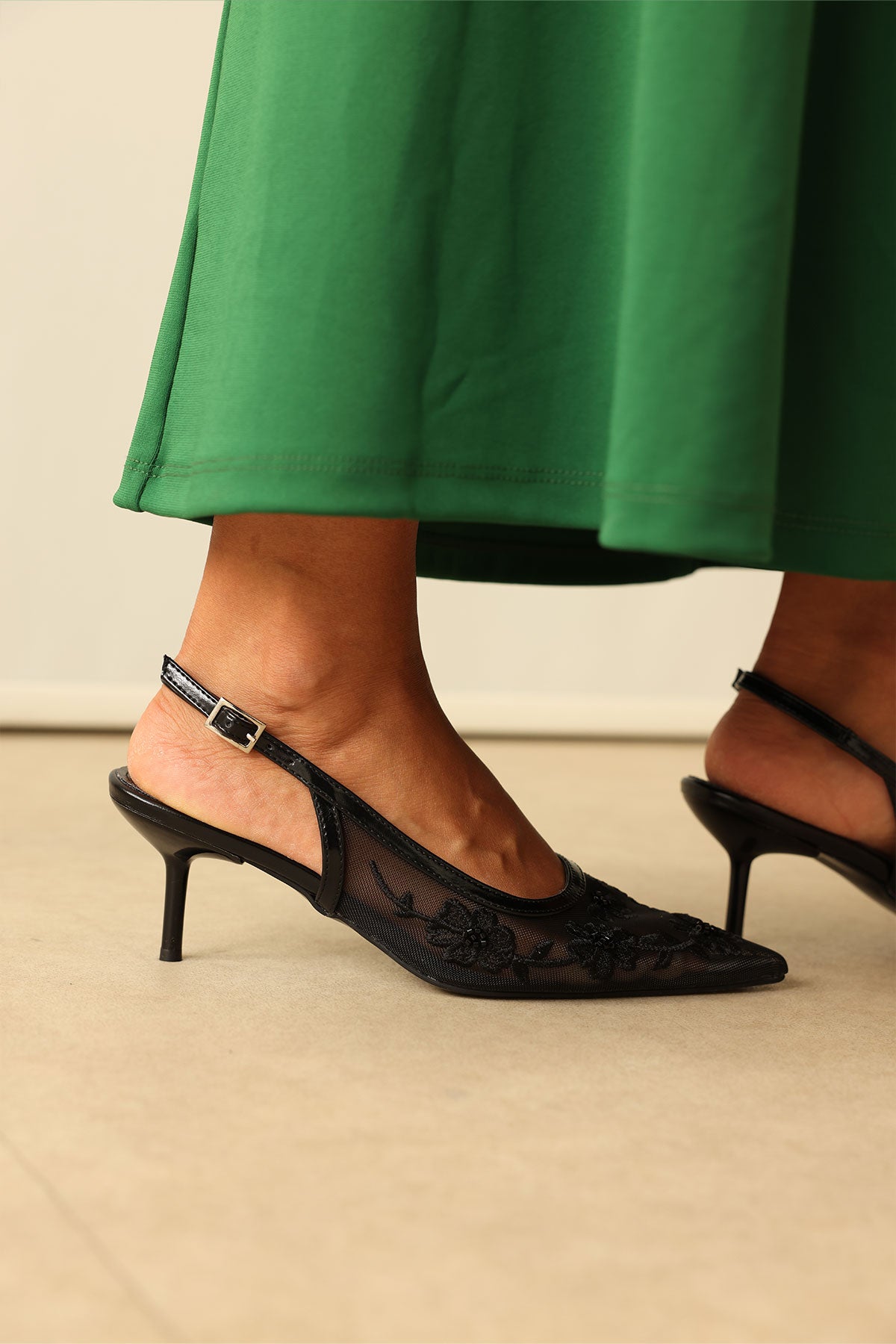 Floral Embroidered Lace Black Women's Heels
