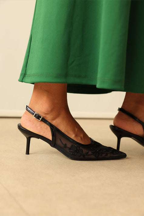Floral Embroidered Lace Black Women's Heels