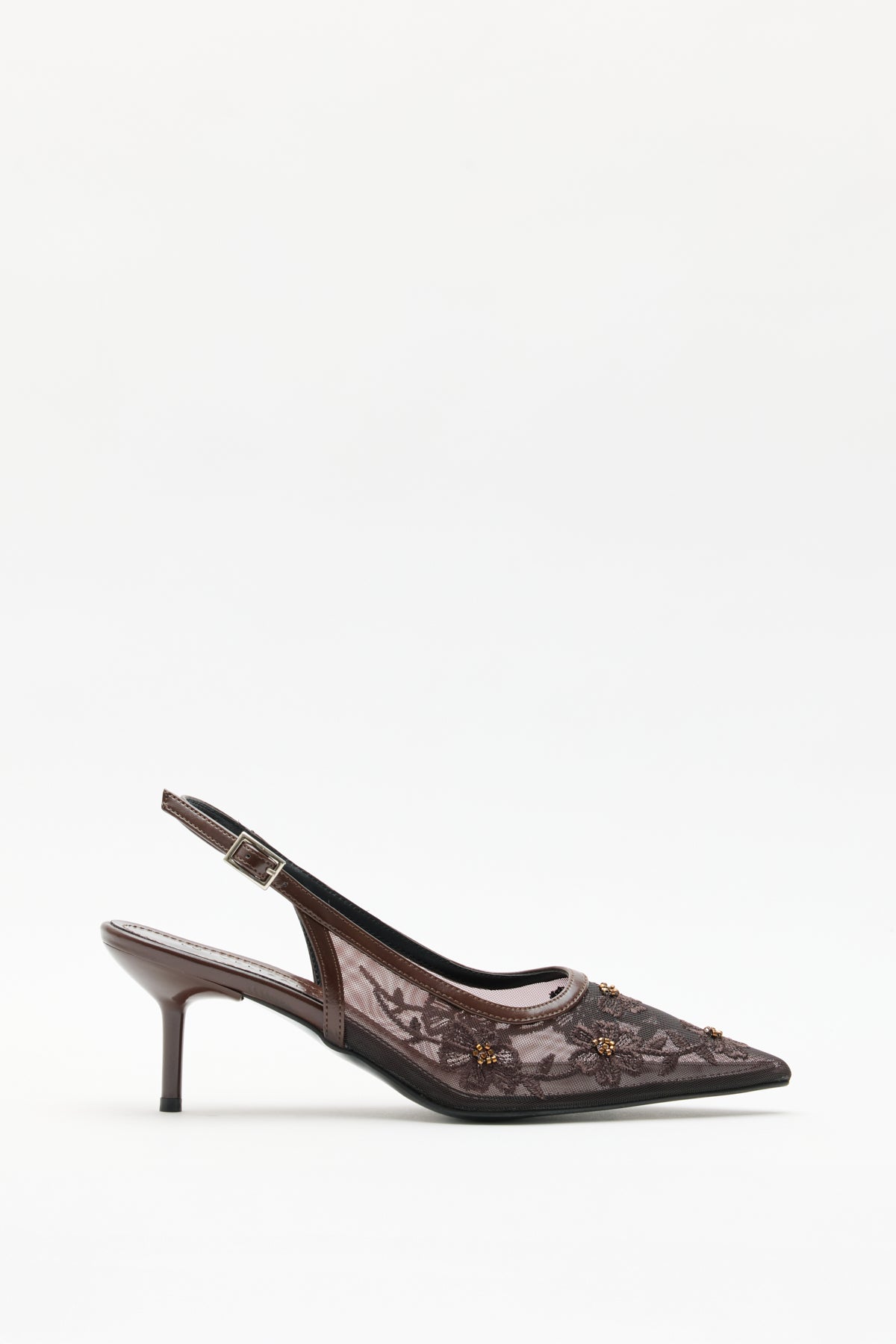 Floral Embroidered Lace Bitter Brown Women's Heels