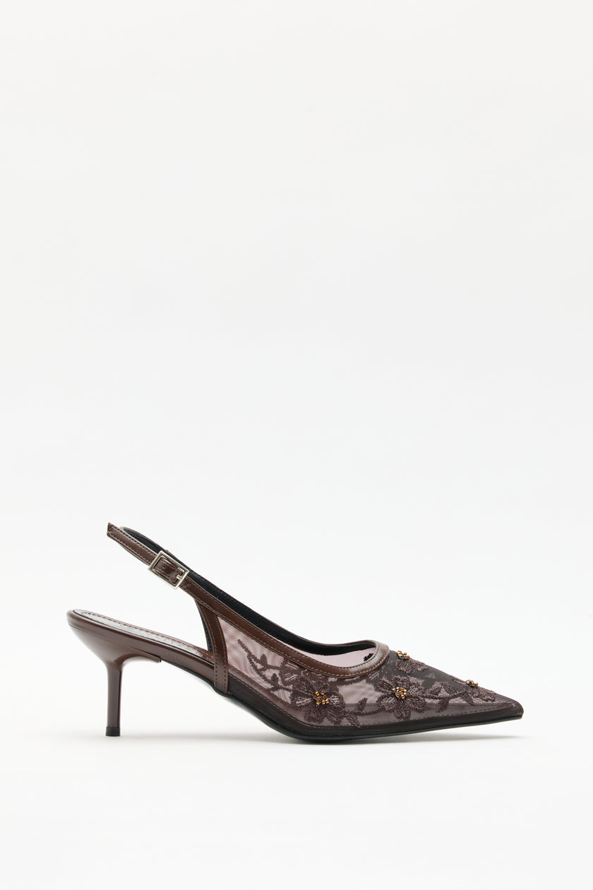 Floral Embroidered Lace Bitter Brown Women's Heels