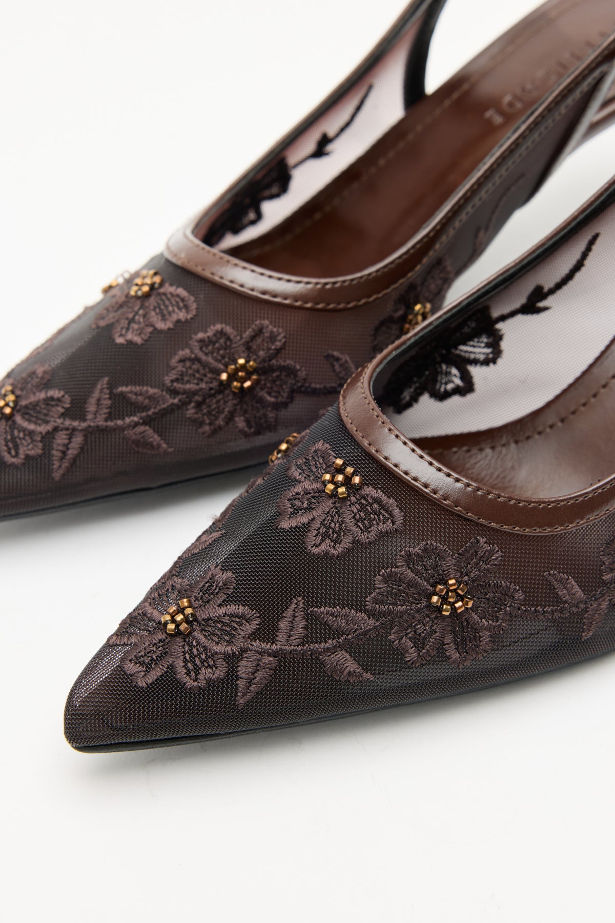 Floral Embroidered Lace Bitter Brown Women's Heels