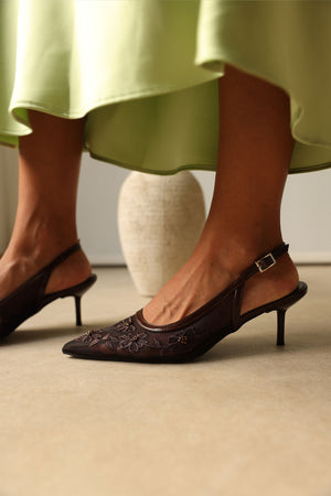 Floral Embroidered Lace Bitter Brown Women's Heels