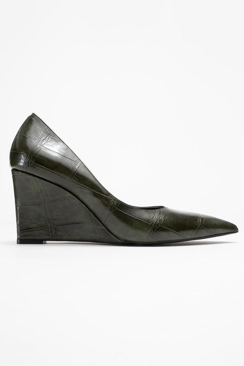 PUERA Green Printed Pointed Toe Women's Wedge Heel Shoes