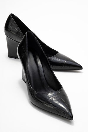 PUERA Women's Black Print Pointed Toe Wedge Heel Shoes