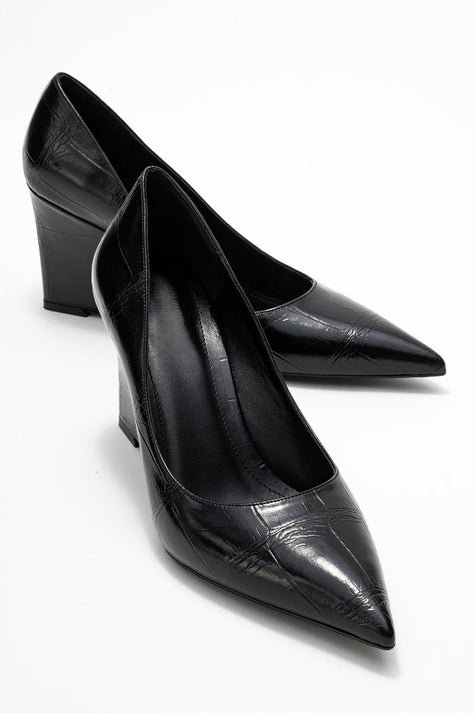 PUERA Women's Black Print Pointed Toe Wedge Heel Shoes