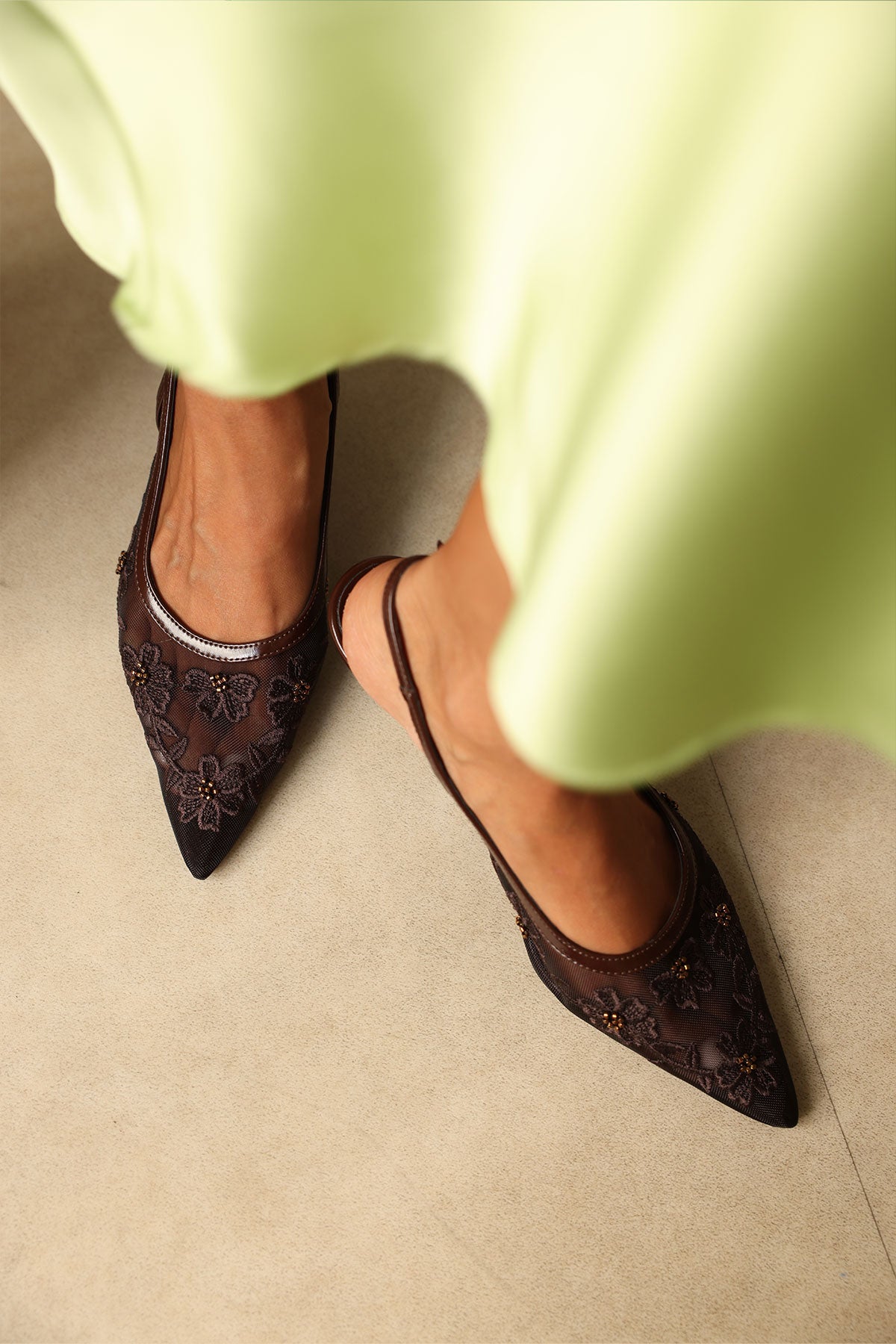 Floral Embroidered Lace Bitter Brown Women's Heels