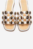 BAREON White Genuine Leather Slide Sandals with Gold Buckle