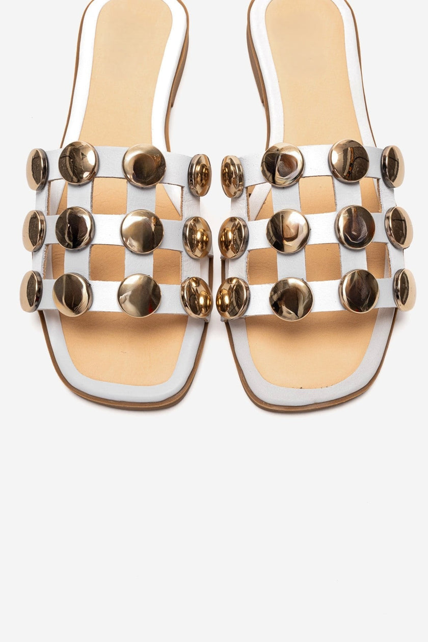 BAREON White Genuine Leather Slide Sandals with Gold Buckle