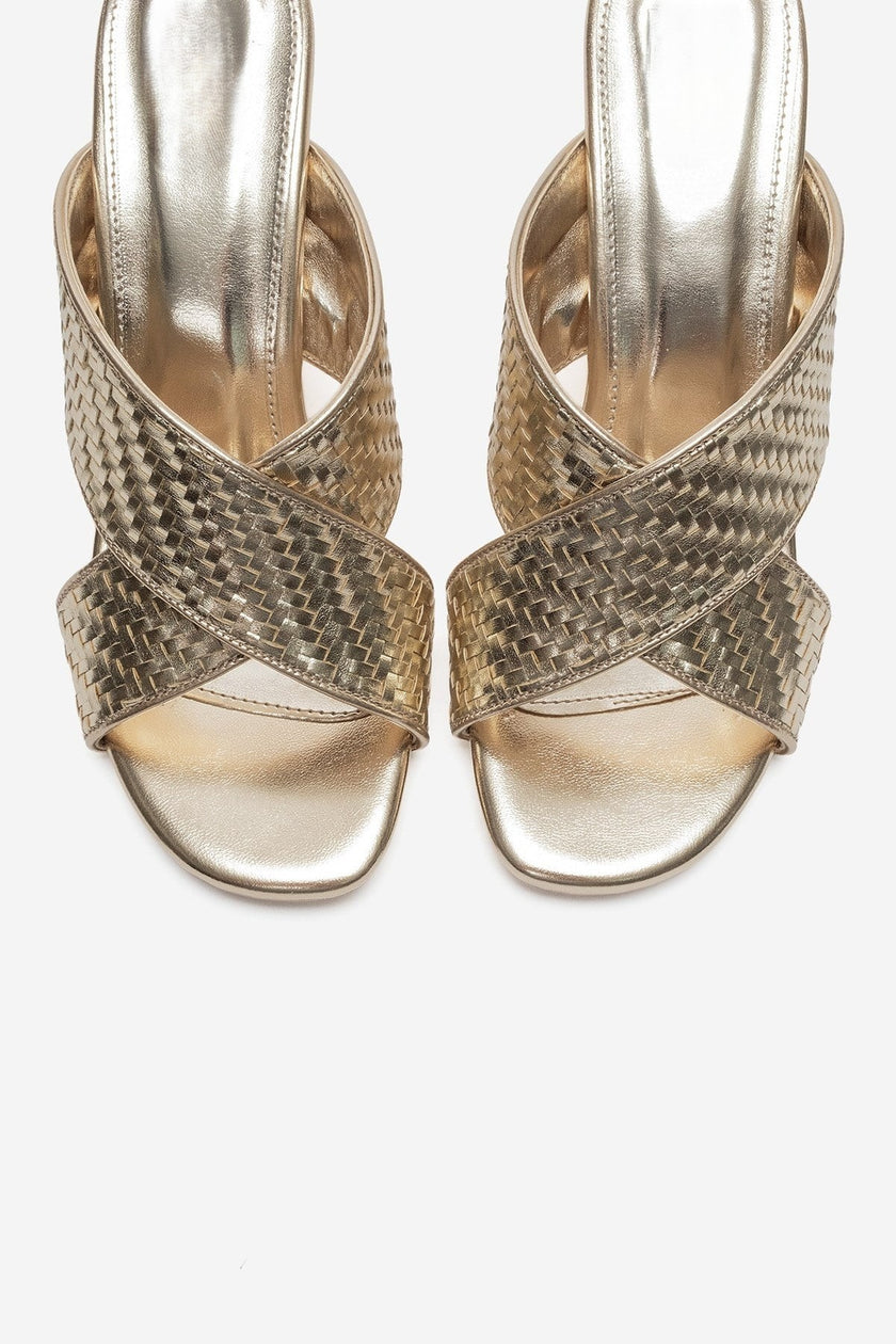 LAVEAN Gold Woven Cross-Strap Wedge Mule Slipers