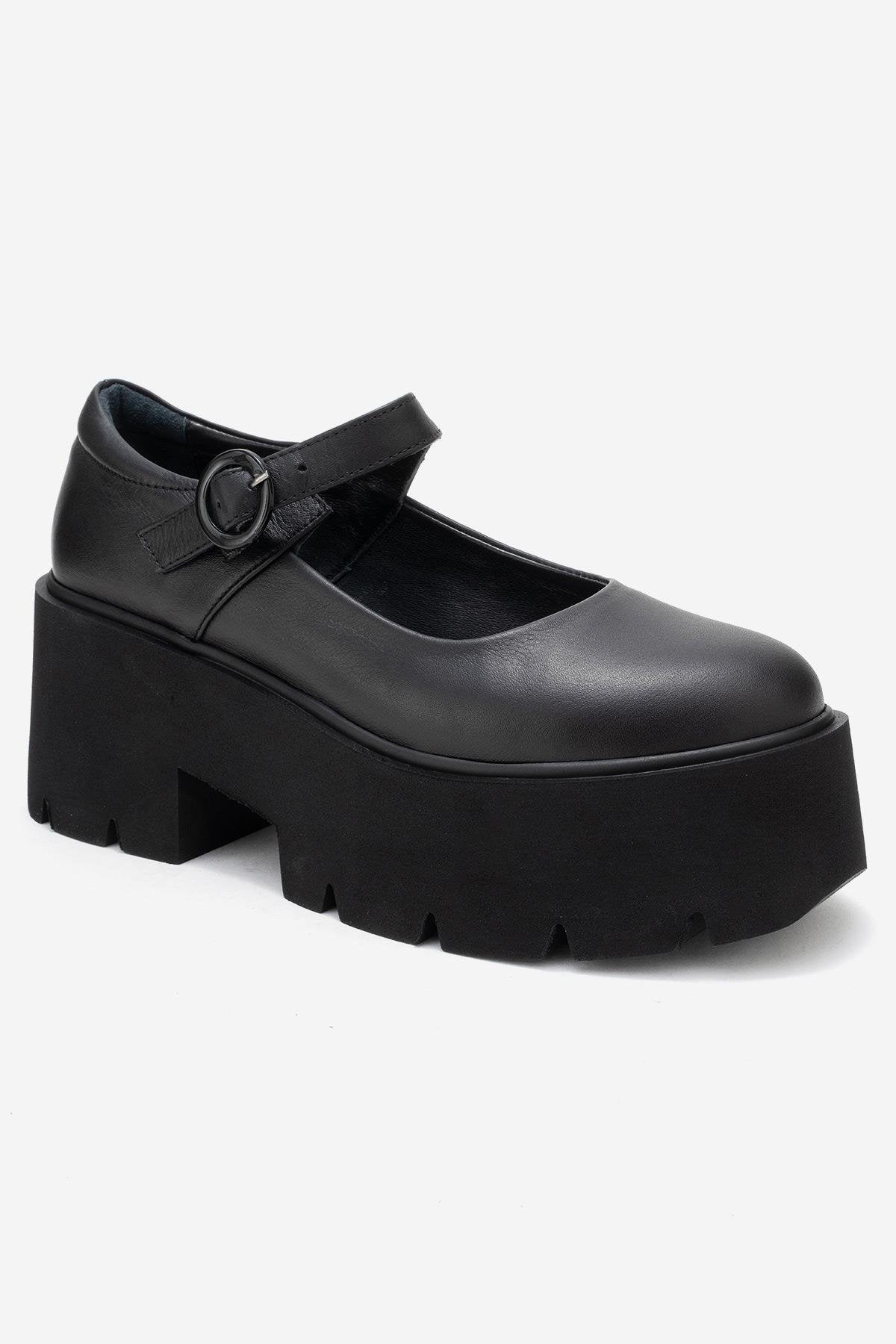 ORINA Black Genuine Leather Thick-Soled Women's Casual Shoes