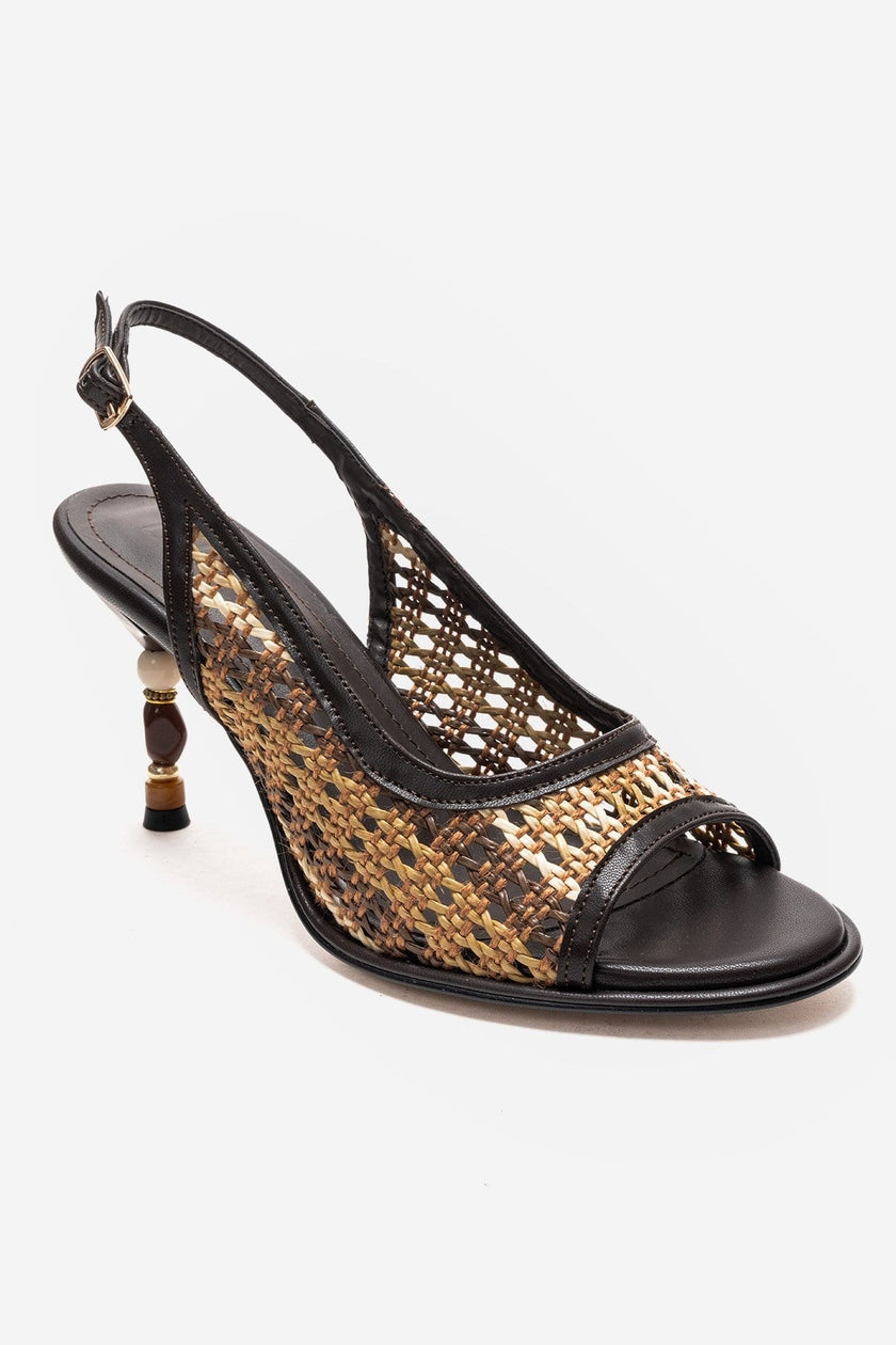 SOVEN Brown Woven Open Toe Women’s Geometric Heel Sandals