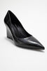 PUERA Women's Black Print Pointed Toe Wedge Heel Shoes