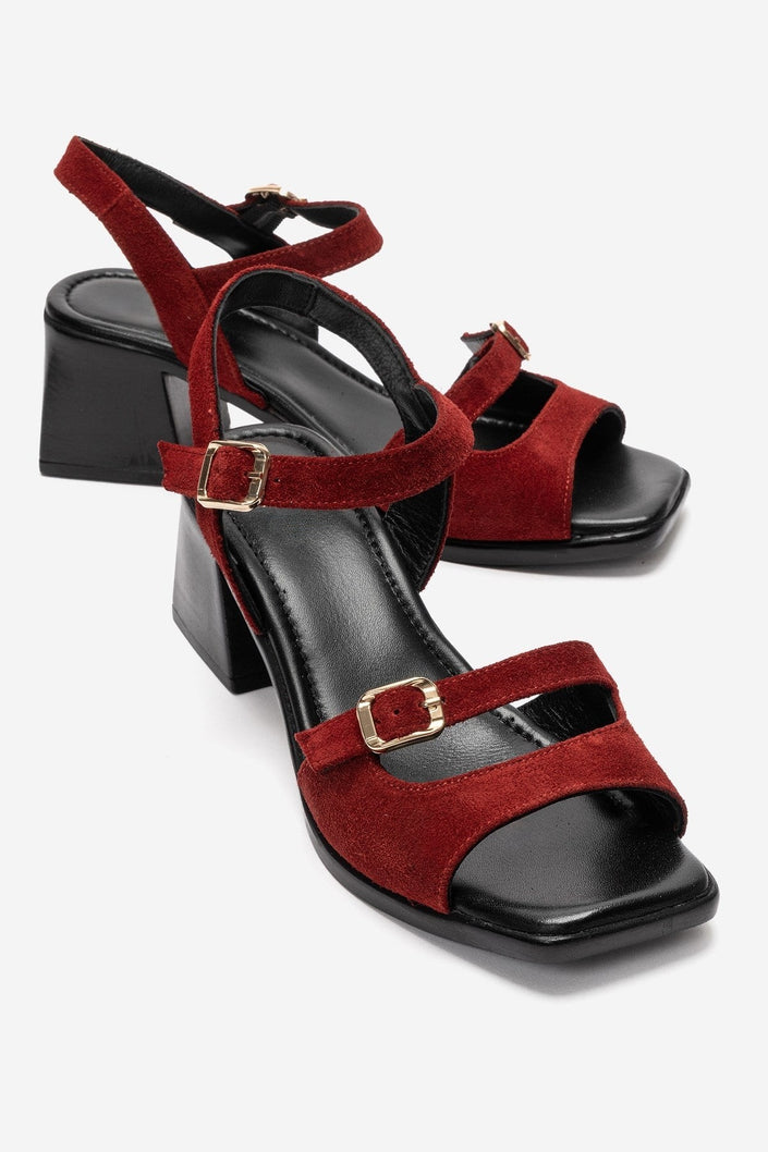 YOLEN Red Suede Genuine Leather Block Heel Sandals