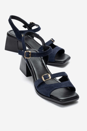 YOLEN Navy Blue Suede Genuine Leather Block Heel Sandals