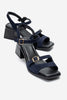 YOLEN Navy Blue Suede Genuine Leather Block Heel Sandals