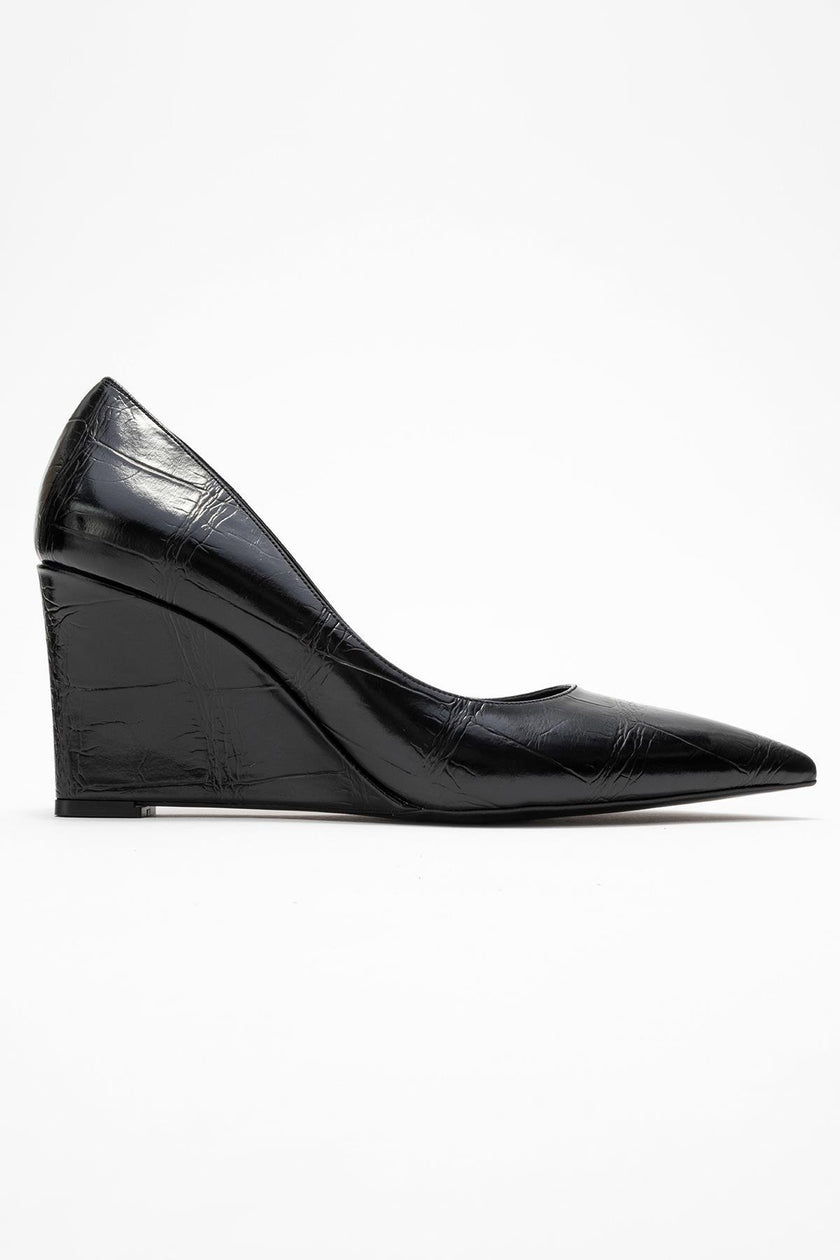 PUERA Women's Black Print Pointed Toe Wedge Heel Shoes