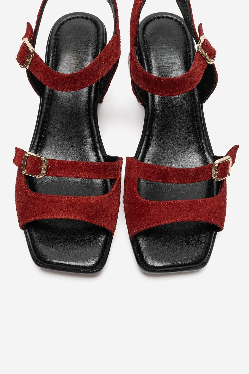 YOLEN Red Suede Genuine Leather Block Heel Sandals