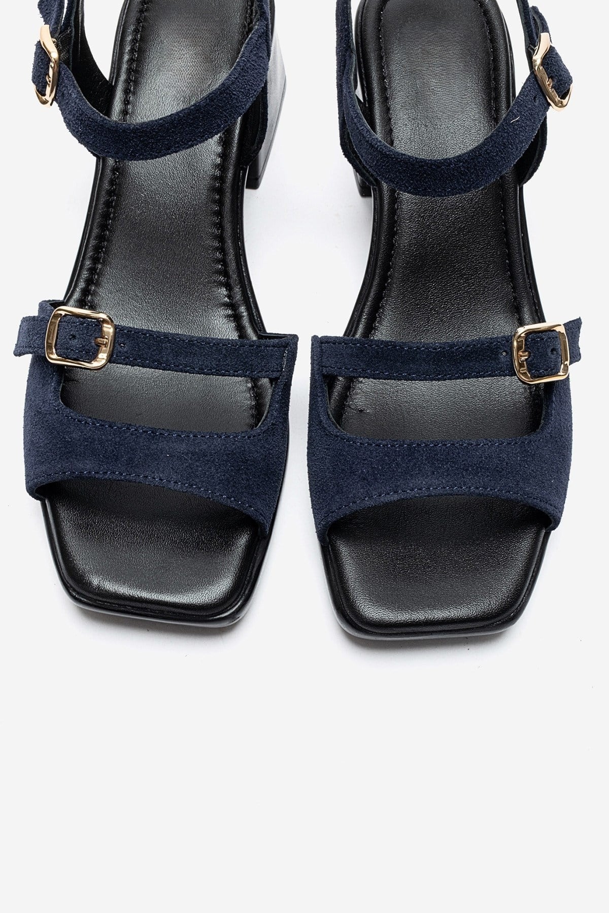 YOLEN Navy Blue Suede Genuine Leather Block Heel Sandals