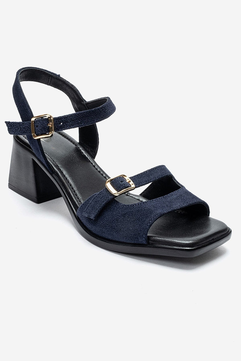 YOLEN Navy Blue Suede Genuine Leather Block Heel Sandals