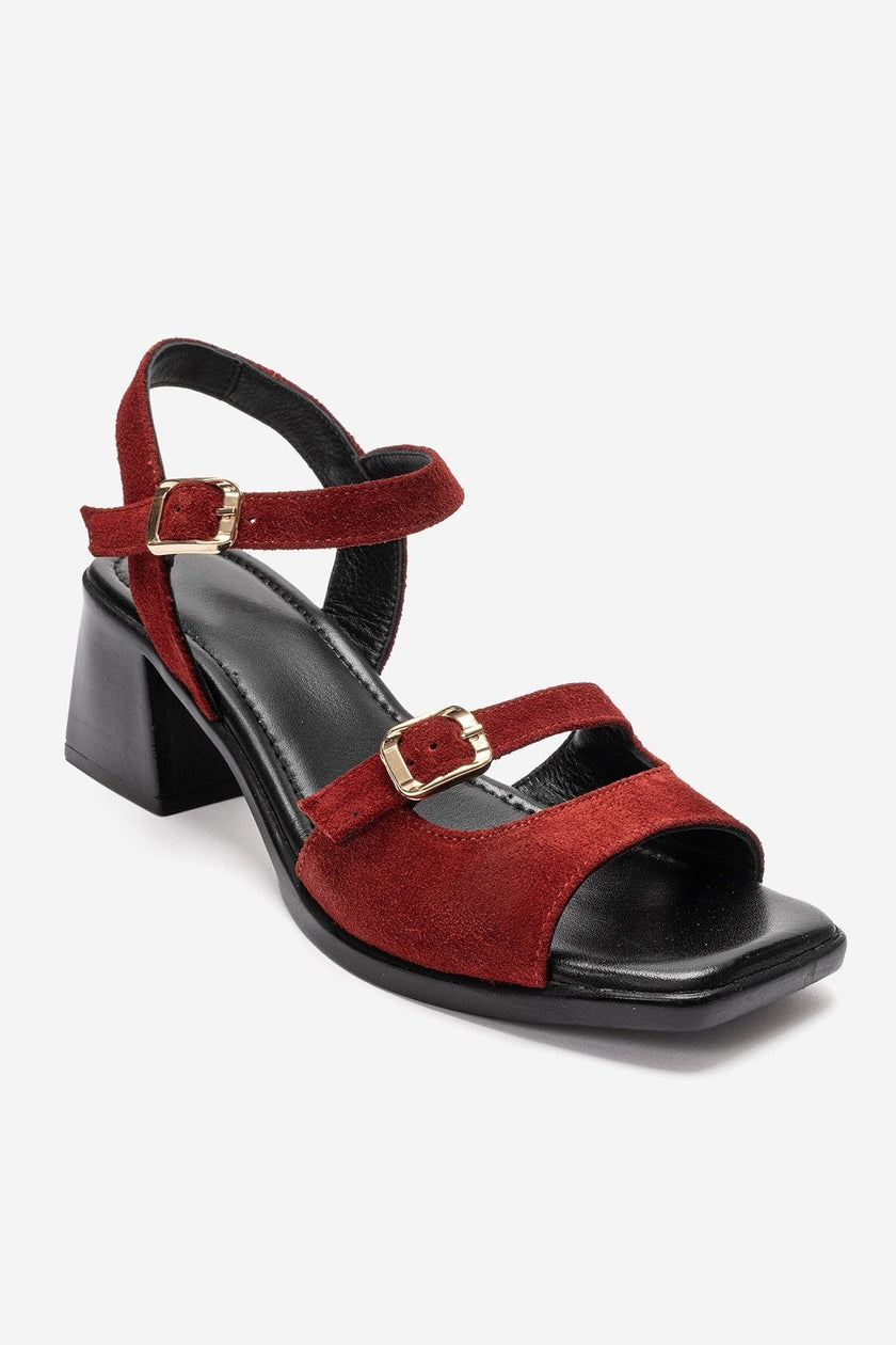 YOLEN Red Suede Genuine Leather Block Heel Sandals