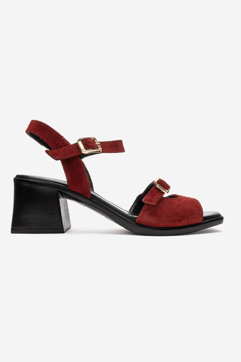 YOLEN Red Suede Genuine Leather Block Heel Sandals