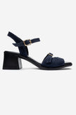 YOLEN Navy Blue Suede Genuine Leather Block Heel Sandals