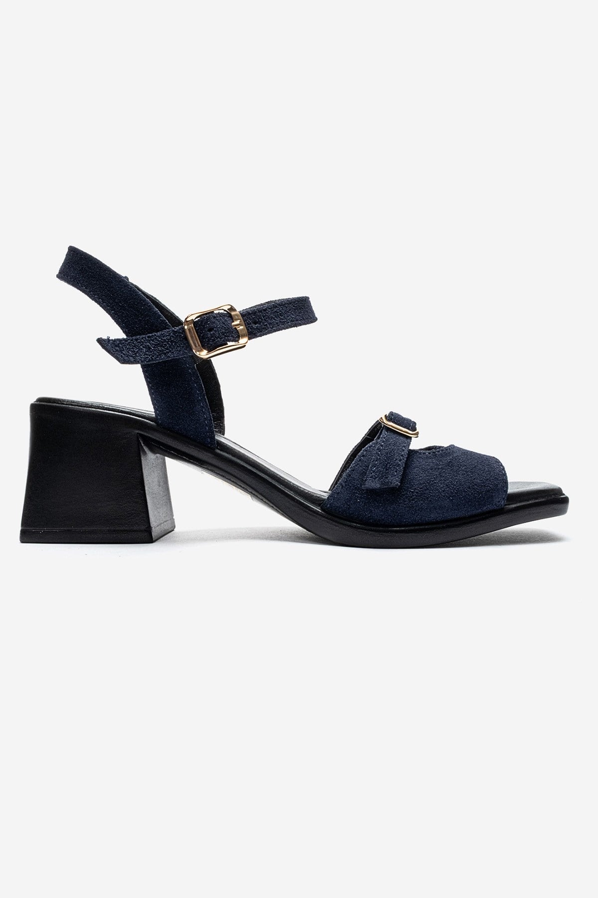 YOLEN Navy Blue Suede Genuine Leather Block Heel Sandals