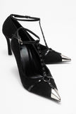 JULIANA Women's Metallic Toe High Heel Shoes with Black Suede Troc Belt