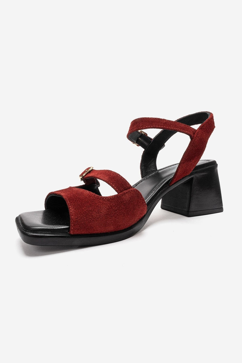 YOLEN Red Suede Genuine Leather Block Heel Sandals