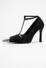 JULIANA Women's Metallic Toe High Heel Shoes with Black Suede Troc Belt