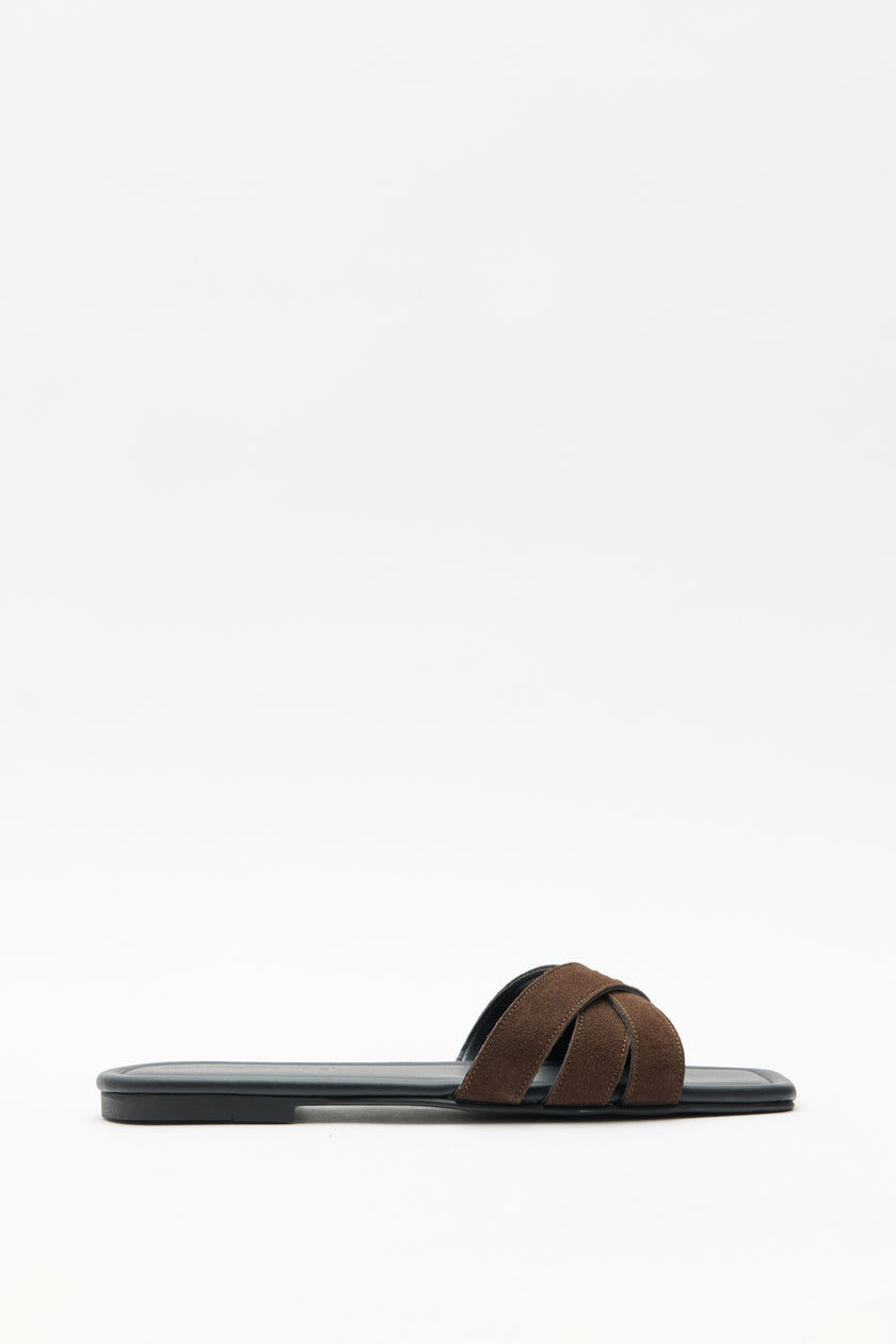 Minimal Cross-Strap Bitter Brown Suede Women's Slippers