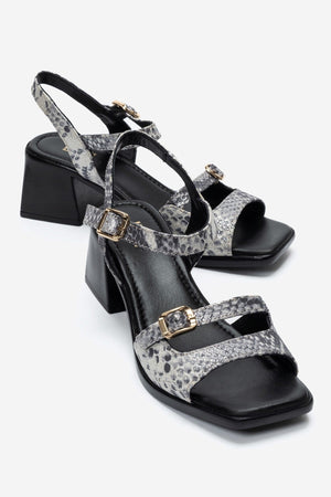 YOLEN Black Patterned Genuine Leather Block Heel Sandals