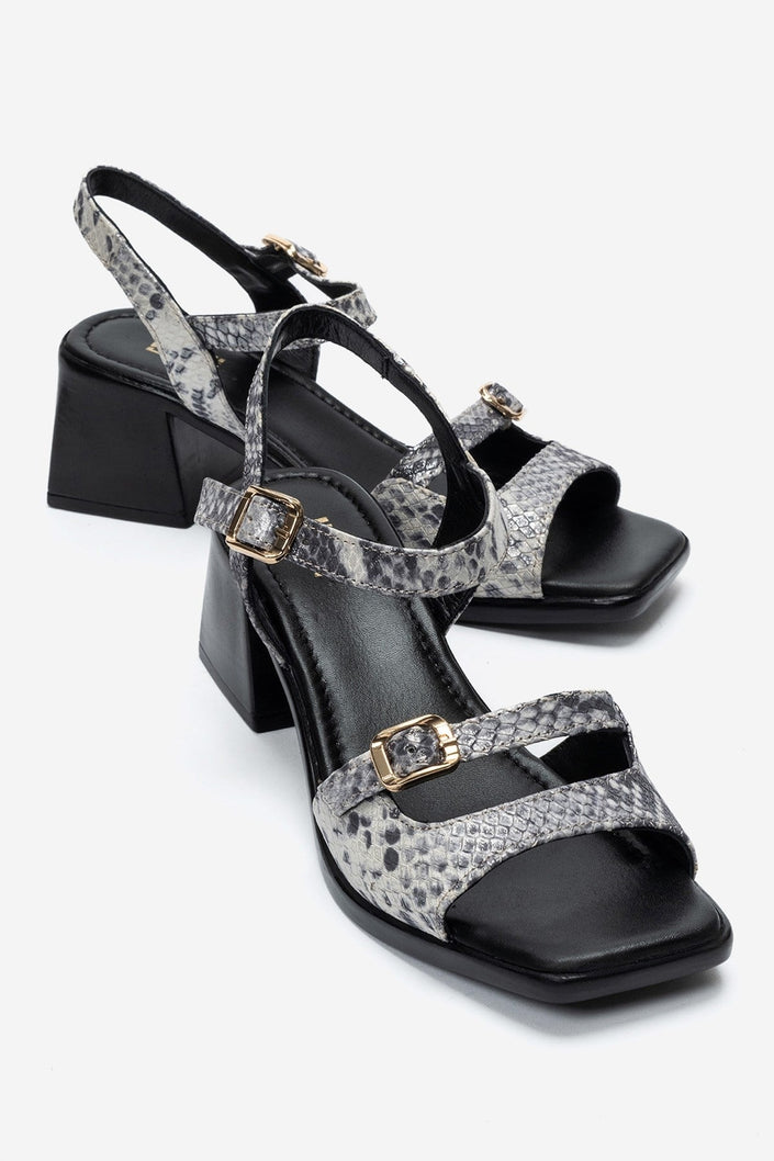YOLEN Black Patterned Genuine Leather Block Heel Sandals