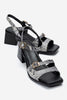 YOLEN Black Patterned Genuine Leather Block Heel Sandals
