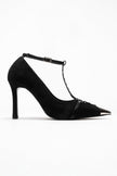 JULIANA Women's Metallic Toe High Heel Shoes with Black Suede Troc Belt