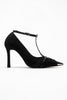JULIANA Women's Metallic Toe High Heel Shoes with Black Suede Troc Belt