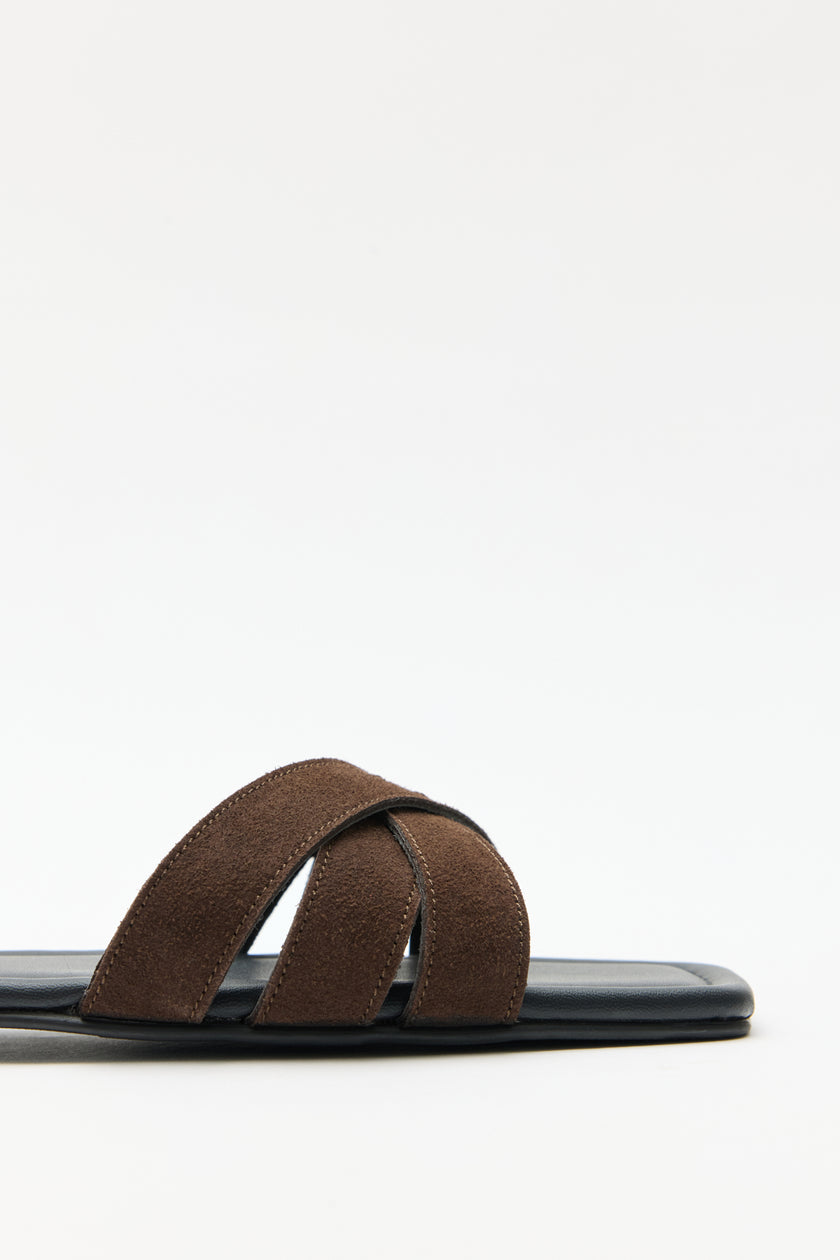 Minimal Cross-Strap Bitter Brown Suede Women's Slippers