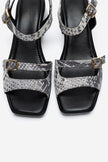 YOLEN Black Patterned Genuine Leather Block Heel Sandals