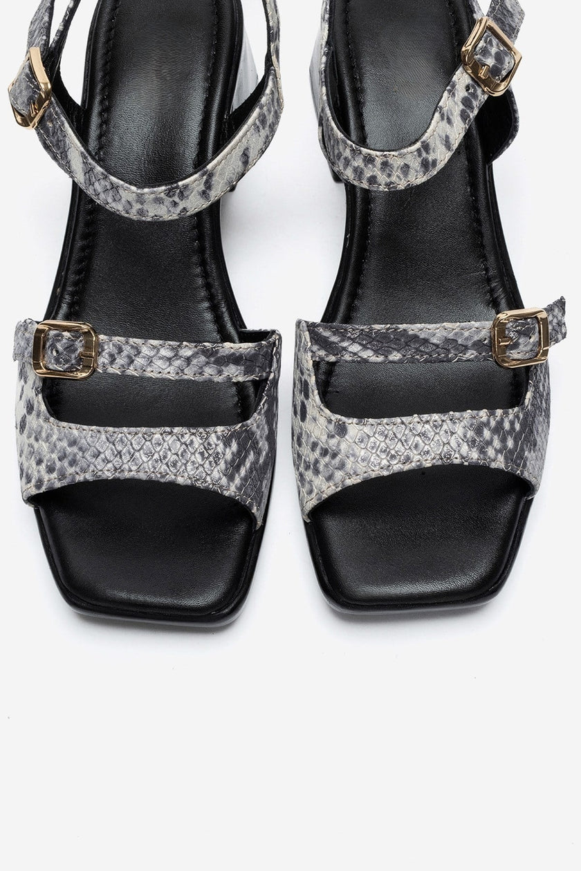 YOLEN Black Patterned Genuine Leather Block Heel Sandals