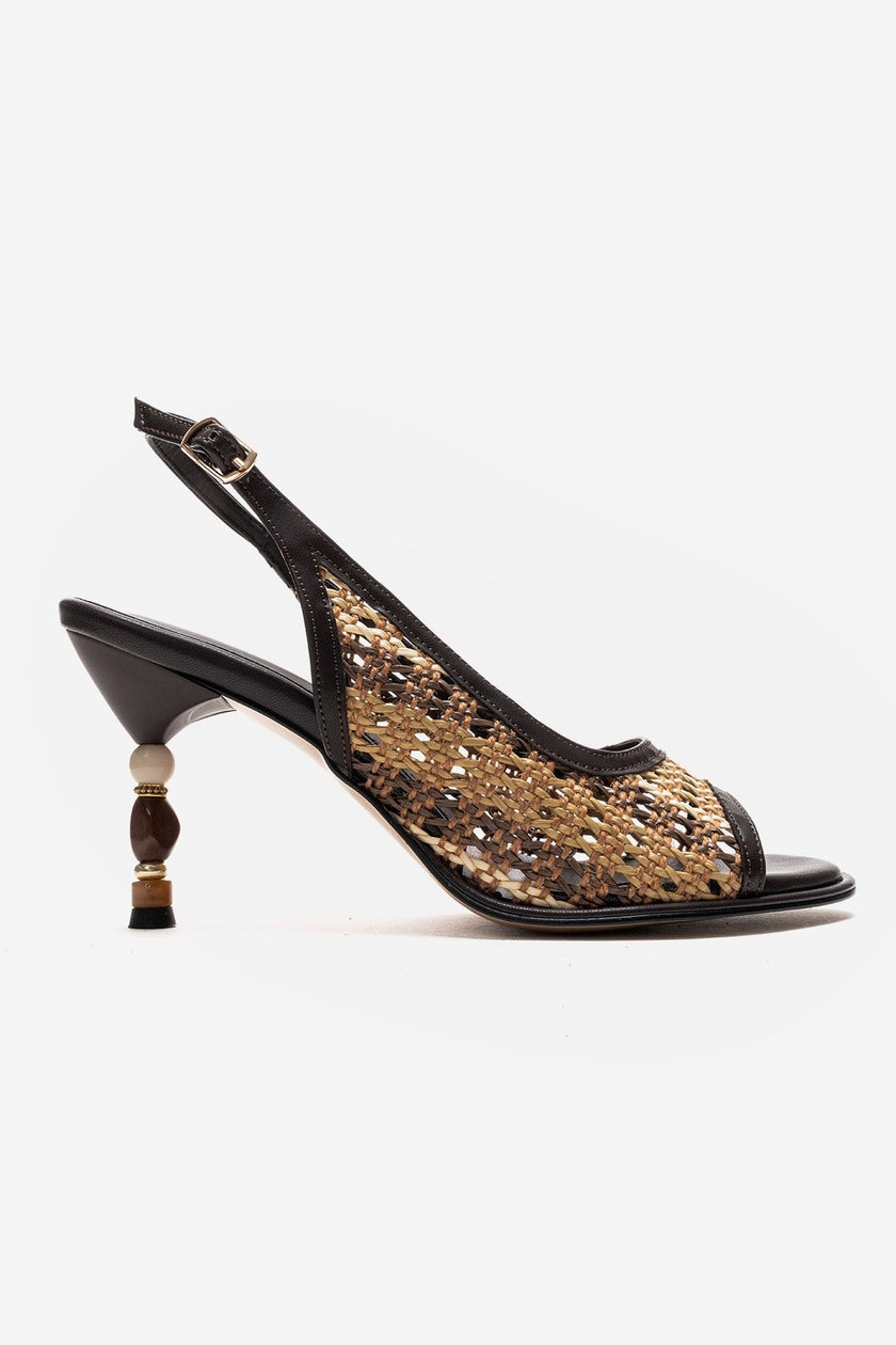 SOVEN Brown Woven Open Toe Women’s Geometric Heel Sandals