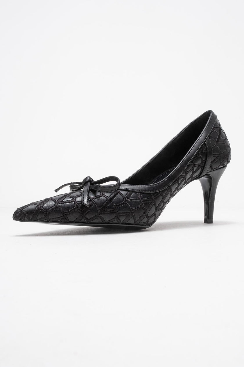 CAMDEN Black Patterned Bow Detail Women’s Heeled Shoes