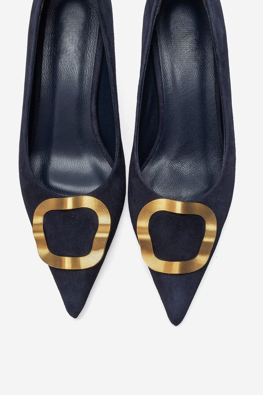 NOEMI Navy Blue Genuine Suede Leather Buckle Strap Heels – 6 cm