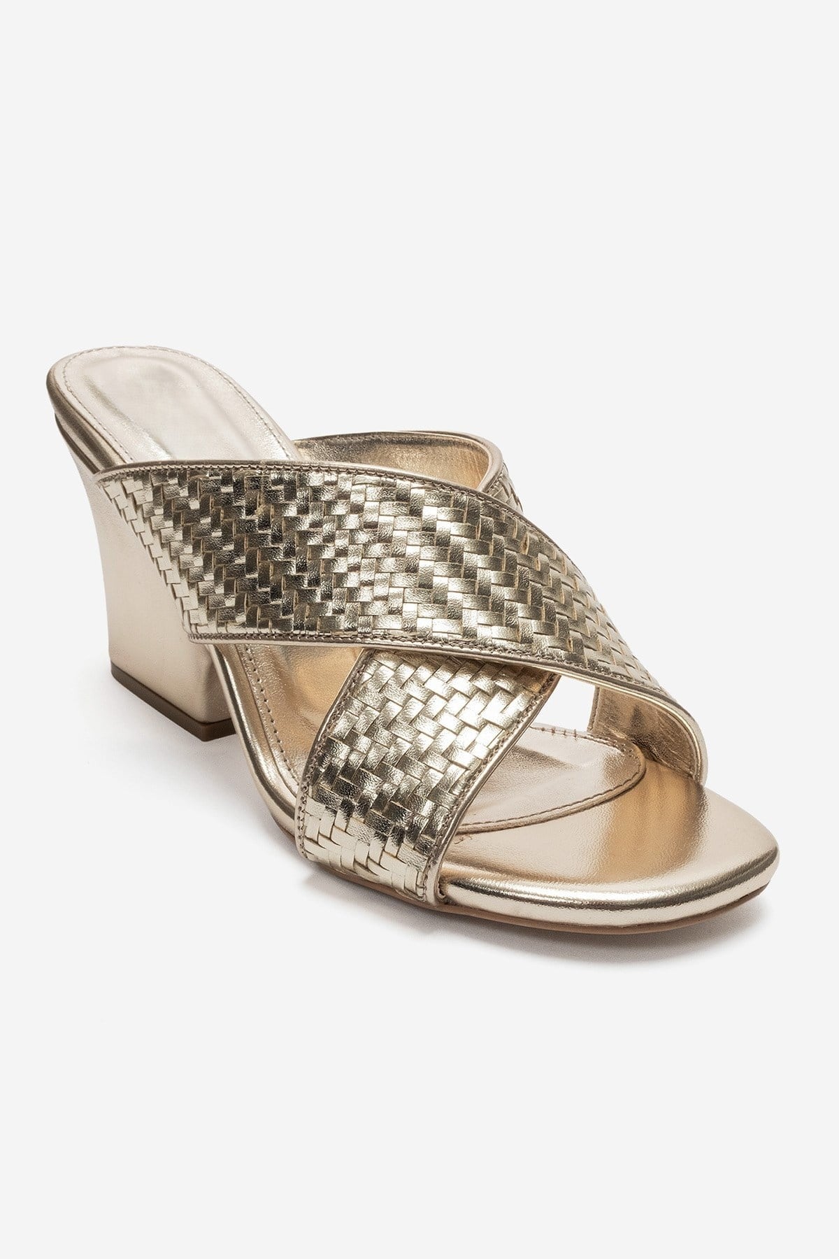 LAVEAN Gold Woven Cross-Strap Wedge Mule Slipers
