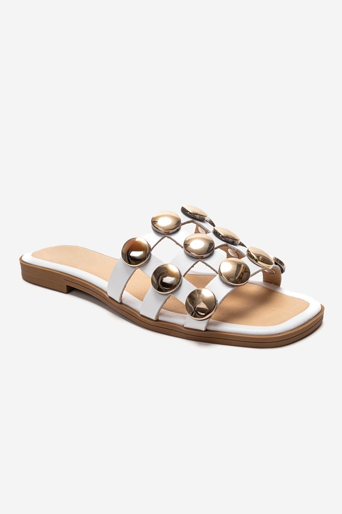 BAREON White Genuine Leather Slide Sandals with Gold Buckle