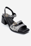 YOLEN Black Patterned Genuine Leather Block Heel Sandals
