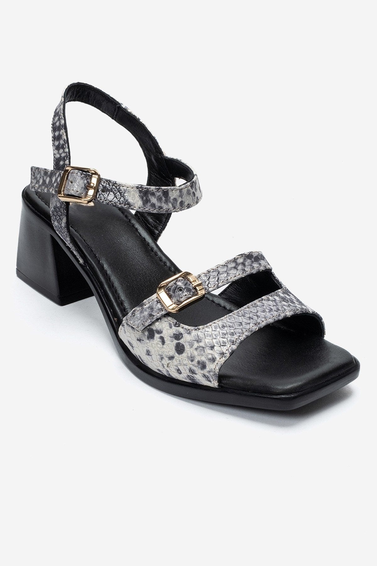 YOLEN Black Patterned Genuine Leather Block Heel Sandals