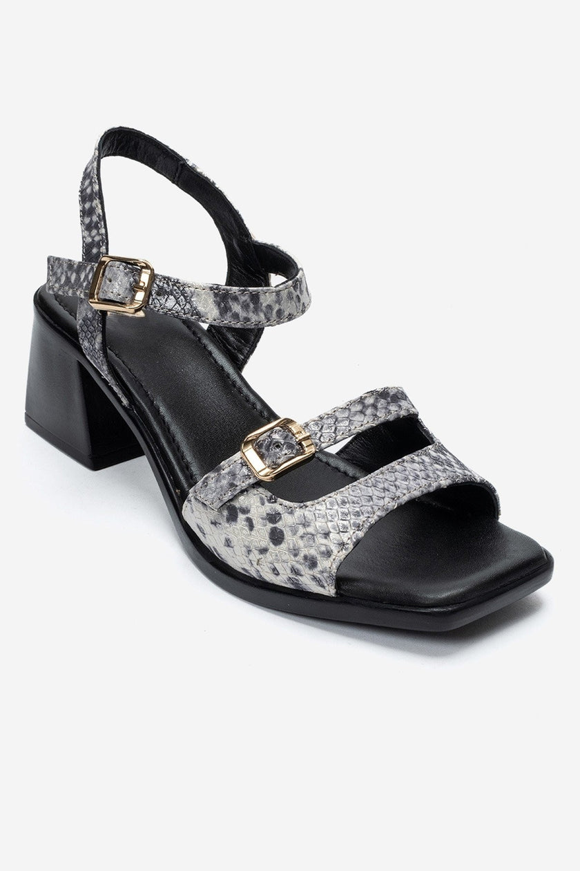 YOLEN Black Patterned Genuine Leather Block Heel Sandals